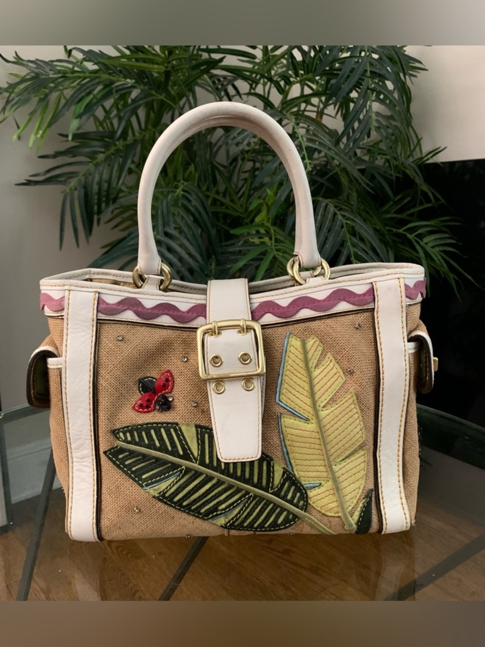 Coach #4439 Vintage Canvas Handbag Ladybug Leaf Applique with White LeatherTrim